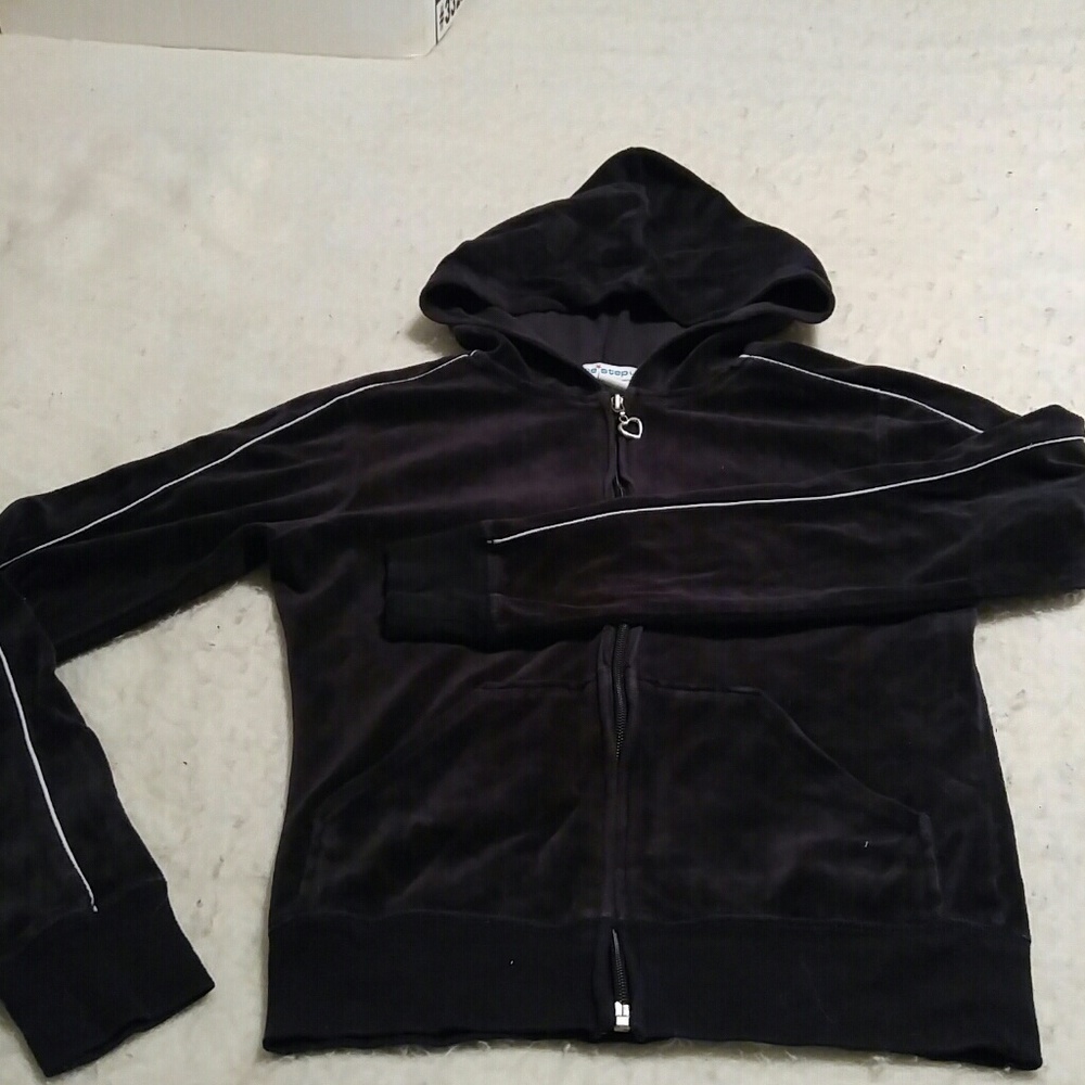 Black velour zip hoodie with white racing stripes size small